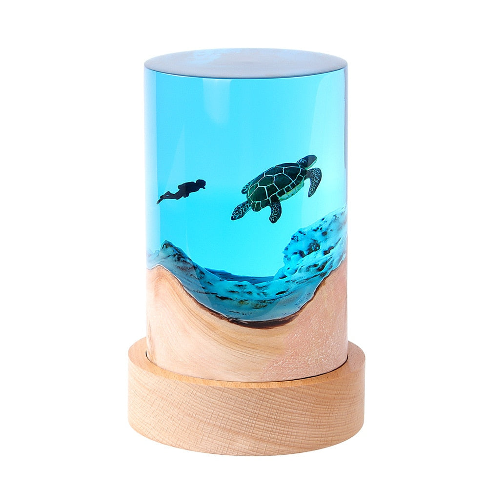 Home Decoration Marine Turtle Whale Shark Diver Desktop Decoration Cylinder Solid Wood Resin Night Light