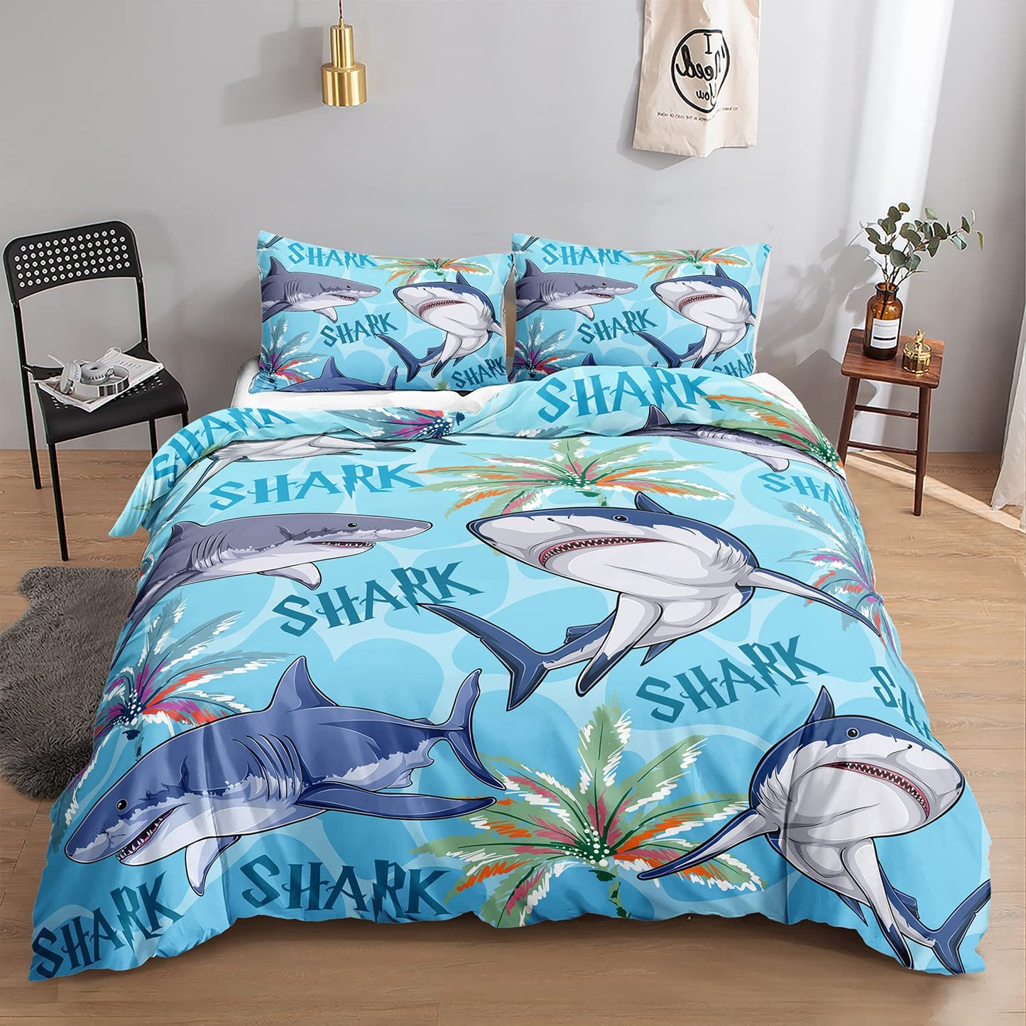 Deep Sea Shark Duvet Cover Set Black Shark Bedding Sets Underwater World Ocean Life Comforter Cover Set for Boys Men Queen Size