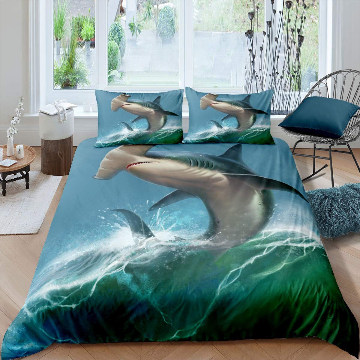 Deep Sea Shark Duvet Cover Set Black Shark Bedding Sets Underwater World Ocean Life Comforter Cover Set for Boys Men Queen Size