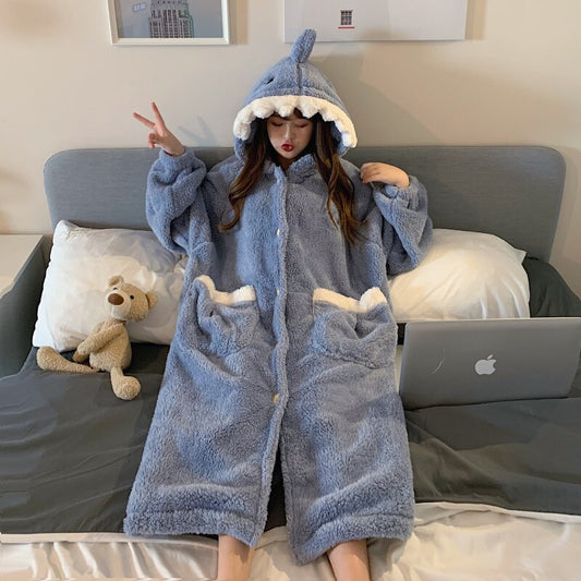 Korea Winter Fleece Nightgown Dress Kawaii Cartoon Shark Coral Fleece Hooded Thicken Keep Warm Pajamas Single Breasted Pajamas